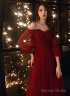 A-Line Wine Red Beaded Straps Tulle Prom Dress, Wine Red Long Evening Dress