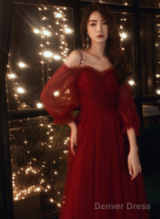 A-Line Wine Red Beaded Straps Tulle Prom Dress, Wine Red Long Evening Dress