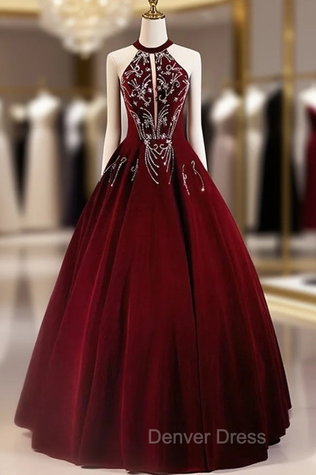 A-Line Wine Red Velvet Beaded Party Dresses, Wine Red Long Prom Dresses Main image