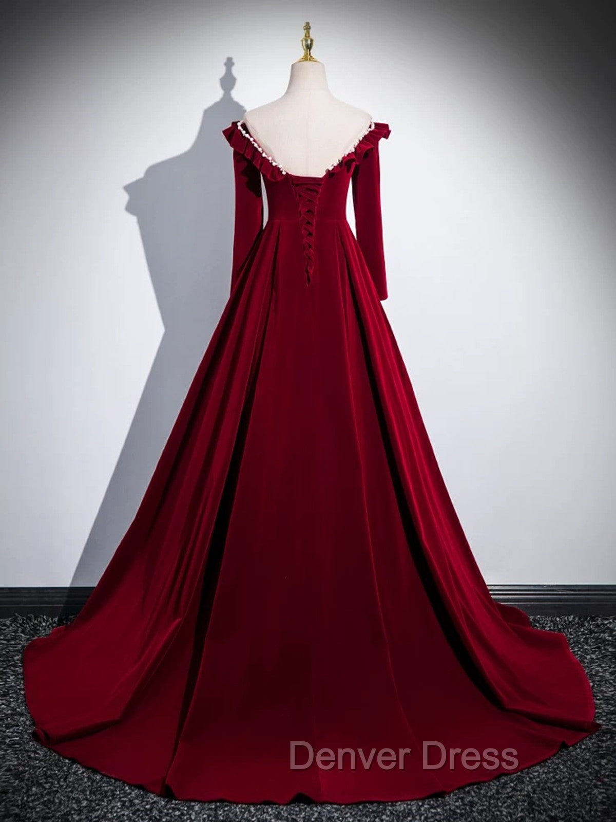 A-line Wine Red Velvet Long Sleeves Low Back Prom Dresses, Wine Red Party Dresses