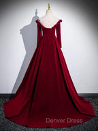 A Line Wine Red Velvet Long Sleeves Low Back Prom Dress, Wine Red Prom Dresses