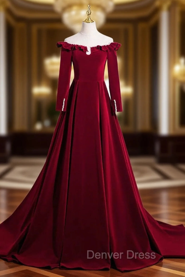 A-line Wine Red Velvet Long Sleeves Low Back Prom Dresses, Wine Red Party Dresses Main image