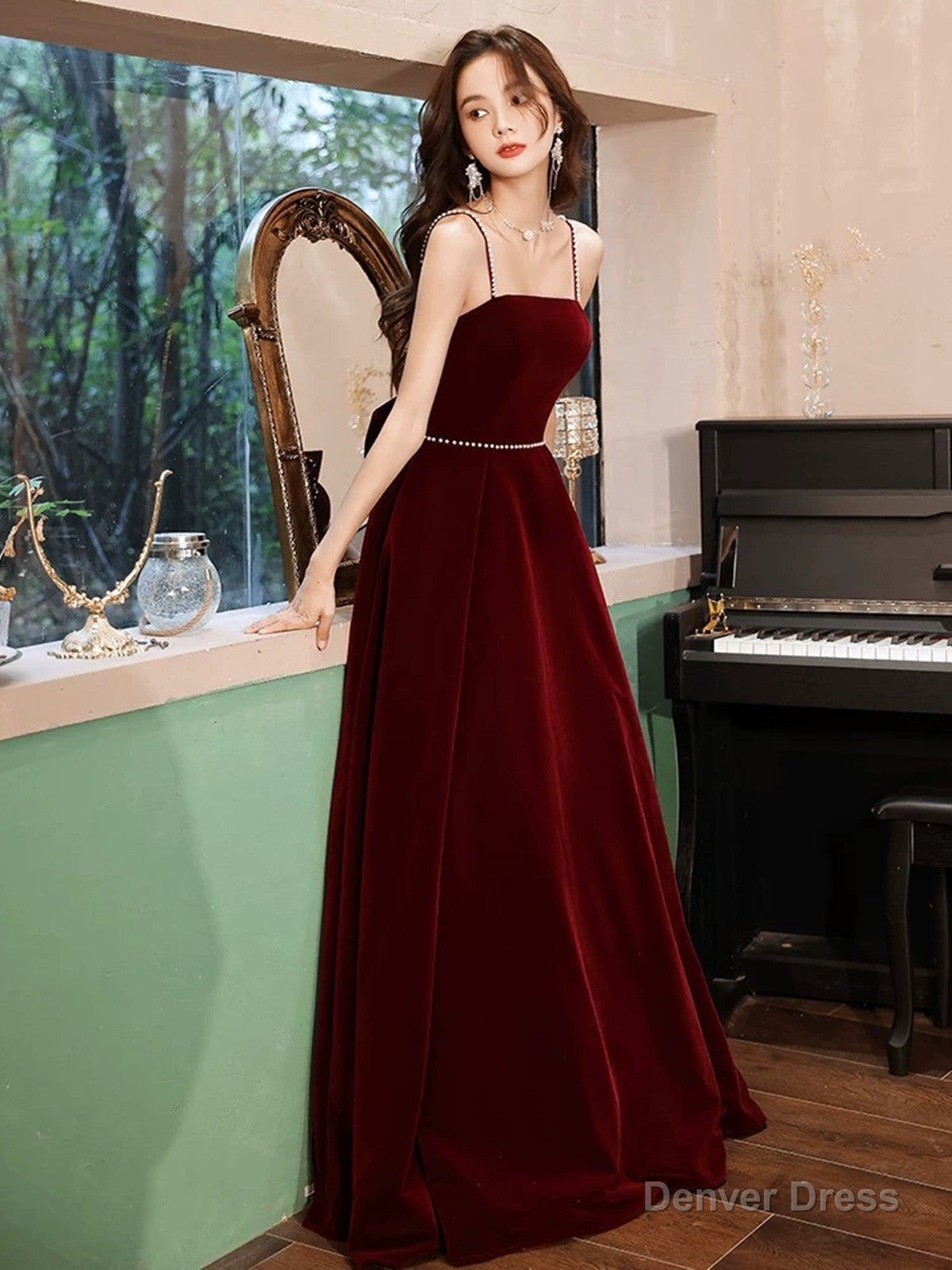 A-line Wine Red Velvet Straps Long Party Dress, Wine Red Velvet Prom Dress