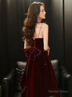 A Line Wine Red Velvet Straps Long Prom Dress, Wine Red Velvet Prom Dresses
