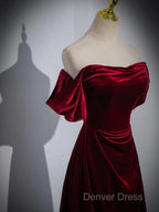 A-Line Wine Red Velvet Sweetheart Wedding Prom Dress, Wine Red Velvet Prom Dresses