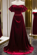 A-Line Wine Red Velvet Sweetheart Wedding Party Dresses, Wine Red Velvet Prom Dresses