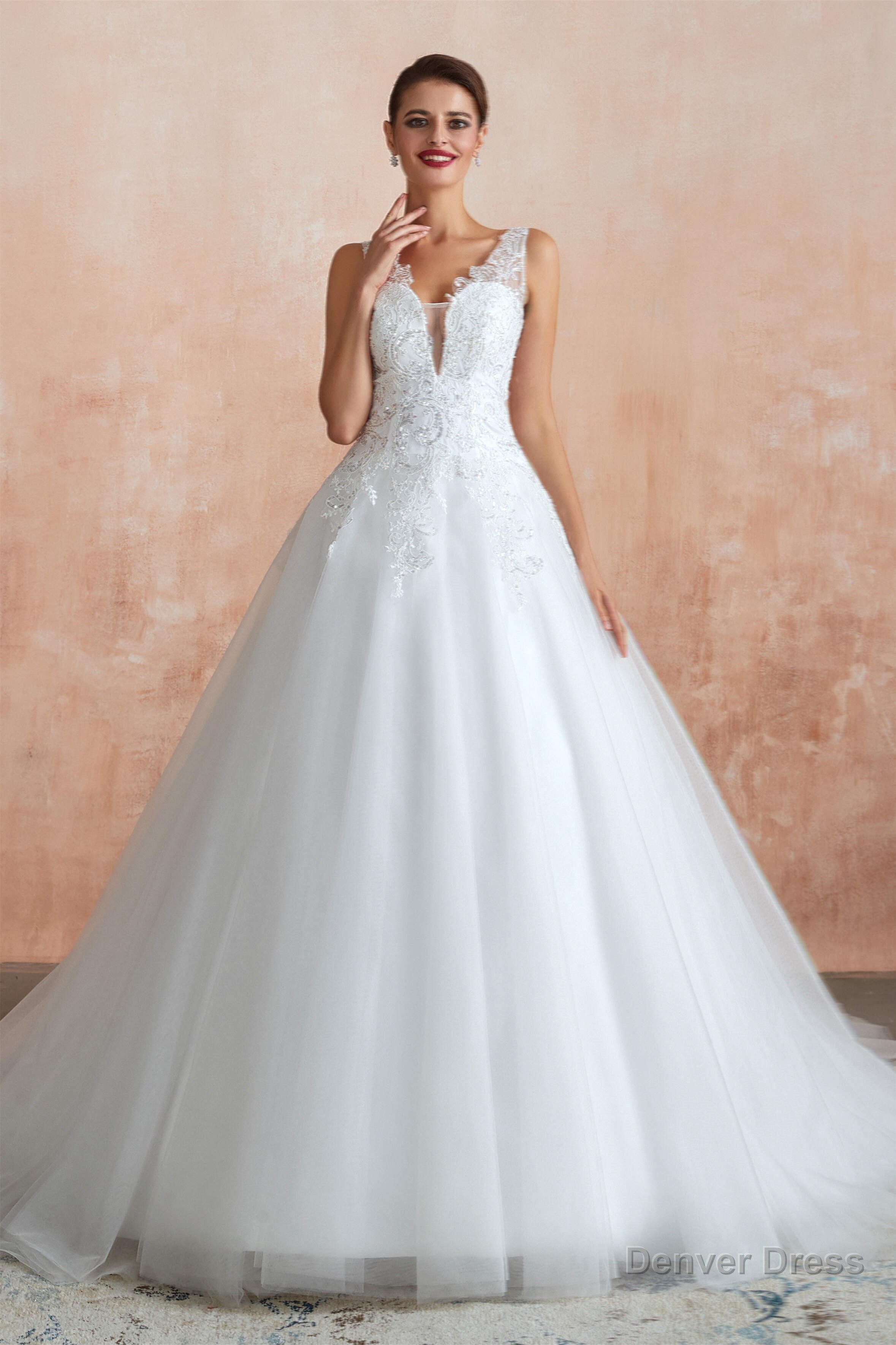 A Line with Sequined Appliques Tulle Illusion Back Wedding Dresses