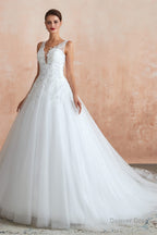 A Line with Sequined Appliques Tulle Illusion Back Wedding Dresses