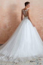 A Line with Sequined Appliques Tulle Illusion Back Wedding Dresses