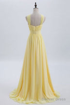 A Line Yellow Chiffon Long Bridesmaid Dresses