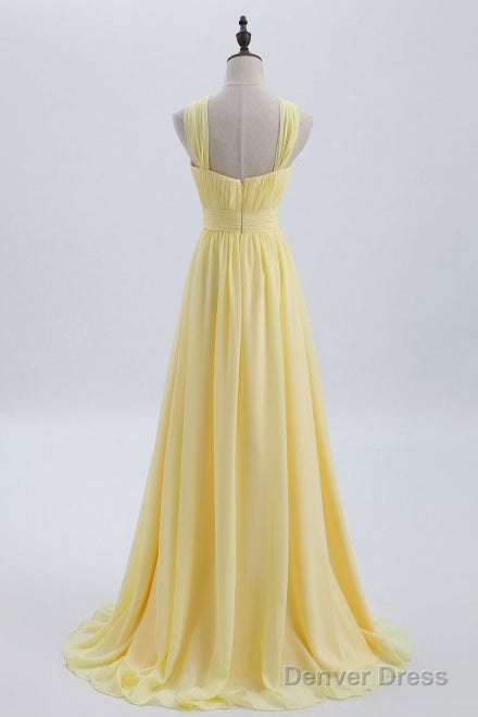 A Line Yellow Chiffon Long Bridesmaid Dresses