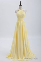 A Line Yellow Chiffon Long Bridesmaid Dresses