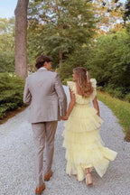 Yellow Fashion Square Neck A-Line Multi-Layered Long Tulle Ball Gowns Prom Dresses