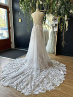 A-Lineprincess Lace Applique V-Neck Sleeveless And Floor Length Wedding Dresses