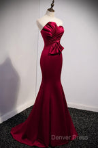 A Noble And Minimalist Wine Red Sleeveless Off Shoulder Ball Dress With Wine Red Strapless Backless Straps And Ground Length Fishtail Prom Dresses