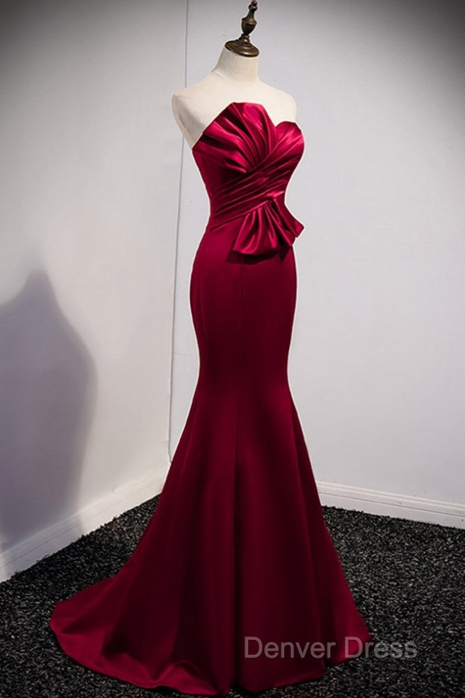 A Noble And Minimalist Wine Red Sleeveless Off Shoulder Ball Dress With Wine Red Strapless Backless Straps And Ground Length Fishtail Prom Dresses