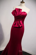 A Noble And Minimalist Wine Red Sleeveless Off Shoulder Ball Dress With Wine Red Strapless Backless Straps And Ground Length Fishtail Prom Dresses