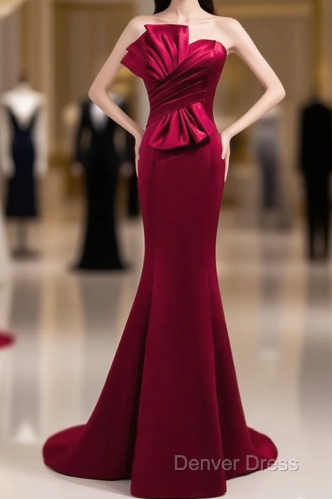 A Noble And Minimalist Wine Red Sleeveless Off Shoulder Ball Dress With Wine Red Strapless Backless Straps And Ground Length Fishtail Prom Dresses