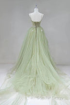 A-Shaped Tight Fitting Corset With Sage Green Chiffon On The Back Long Adult Dresses Sage Prom Dresses