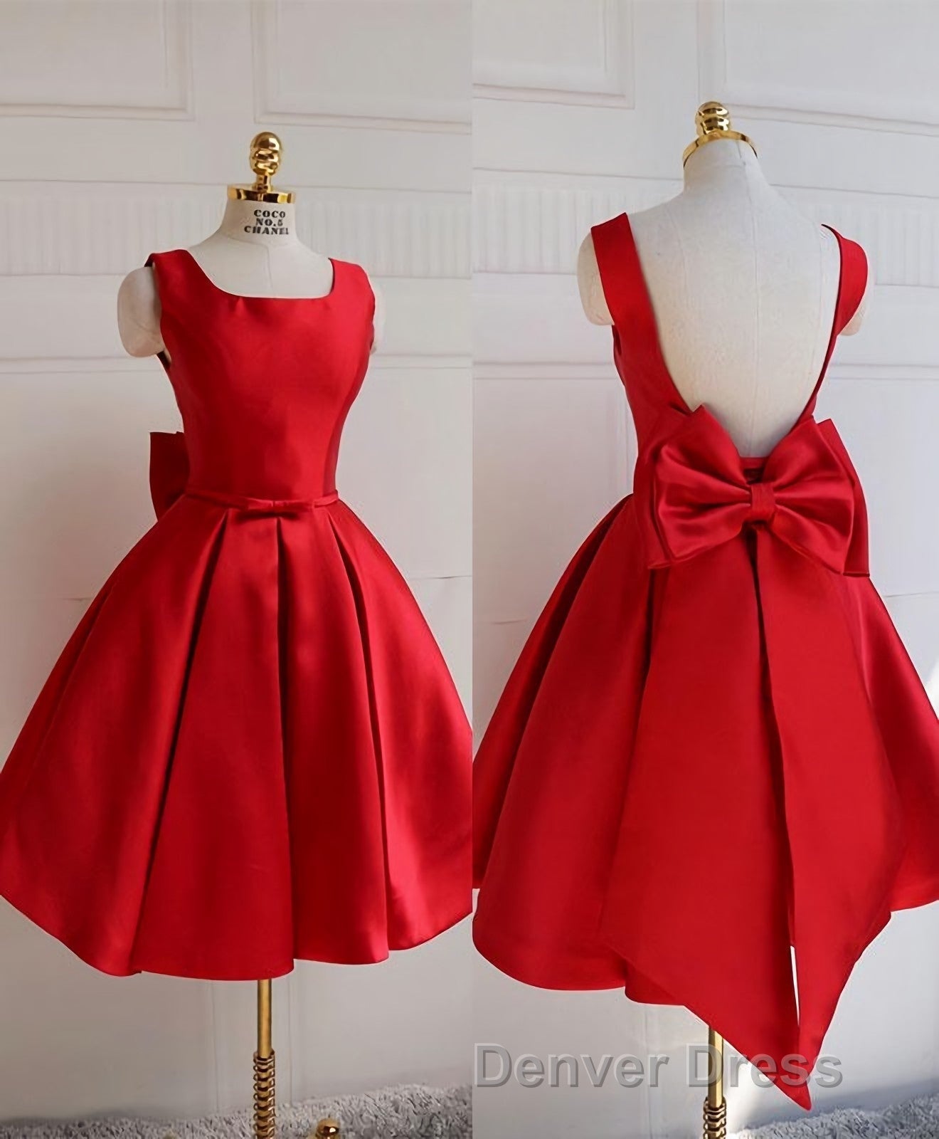 Cute A Line Satin Short Prom Dresses, With Bow Evenig Dresses
