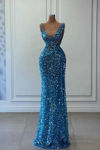 Blue Sleeveless Long Mermaid Sequins Prom Dresses