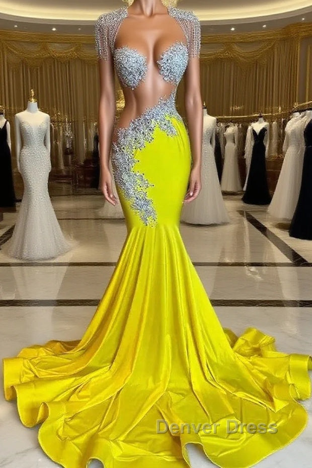 Yellow Scoop Prom Dresses with Beadings and Tassels - Mermaid Long