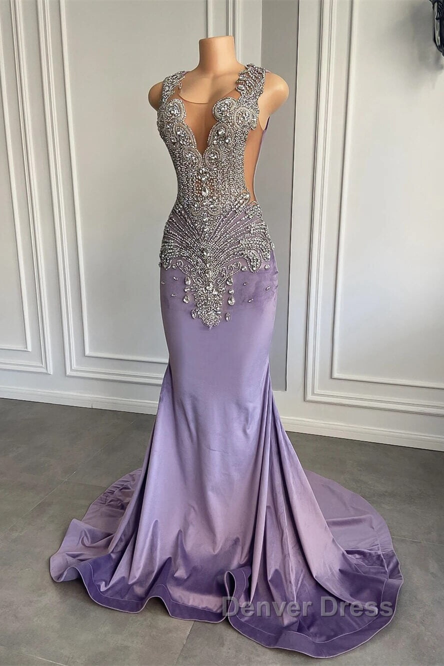 Lilac Mermaid Prom Dresses with Scoop Neckline Sleeveless and Crystal Beadings Secondary image