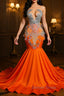 Orange Sleeveless Illusion Mermaid Prom Dresses With Beadings and Feather