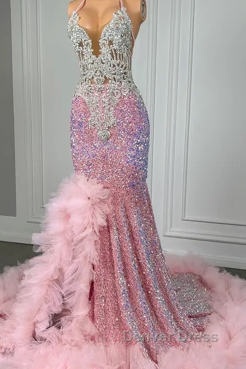 Pink Halter Mermaid Prom Dresses with Sequins Beadings and Tulle Ruffle Secondary image