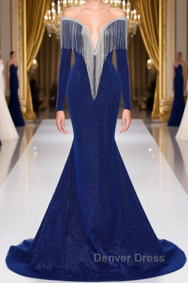 Deep V-neck Shiny Royal Blue Long sleeves Mermaid Prom Dresses