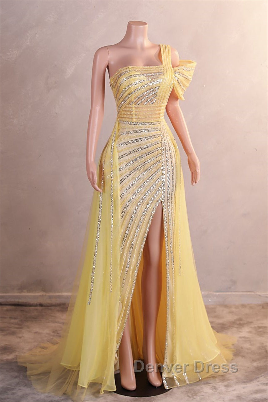 One Shoulder Beading Sweep Train Backless Prom Dresses