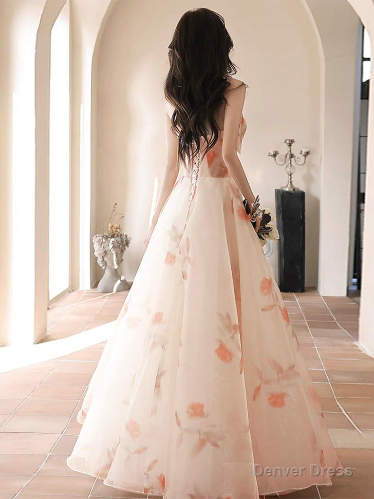 A_line Sweetheart Neck Champagne Long Prom Dress, Champagne Long Prom Dresses