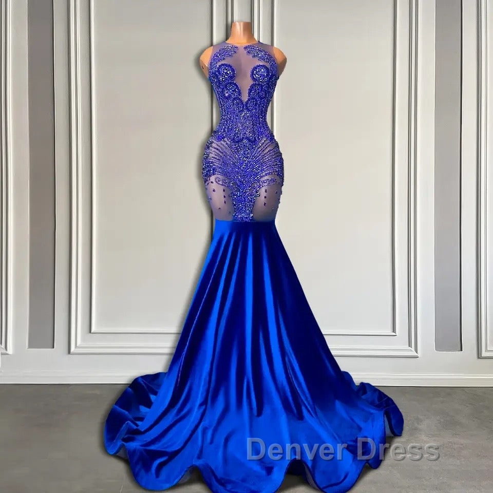 Sleeveless Royal Blue Scoop Neck Mermaid Prom Dresses with Beadings Secondary image