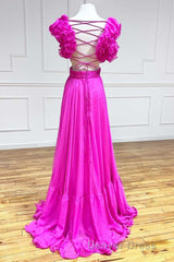 Lace-Up Fuchsia V-Neck Ruffle Pleated Long Prom Dresses