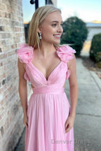 Lace-Up Fuchsia V-Neck Ruffle Pleated Long Prom Dresses
