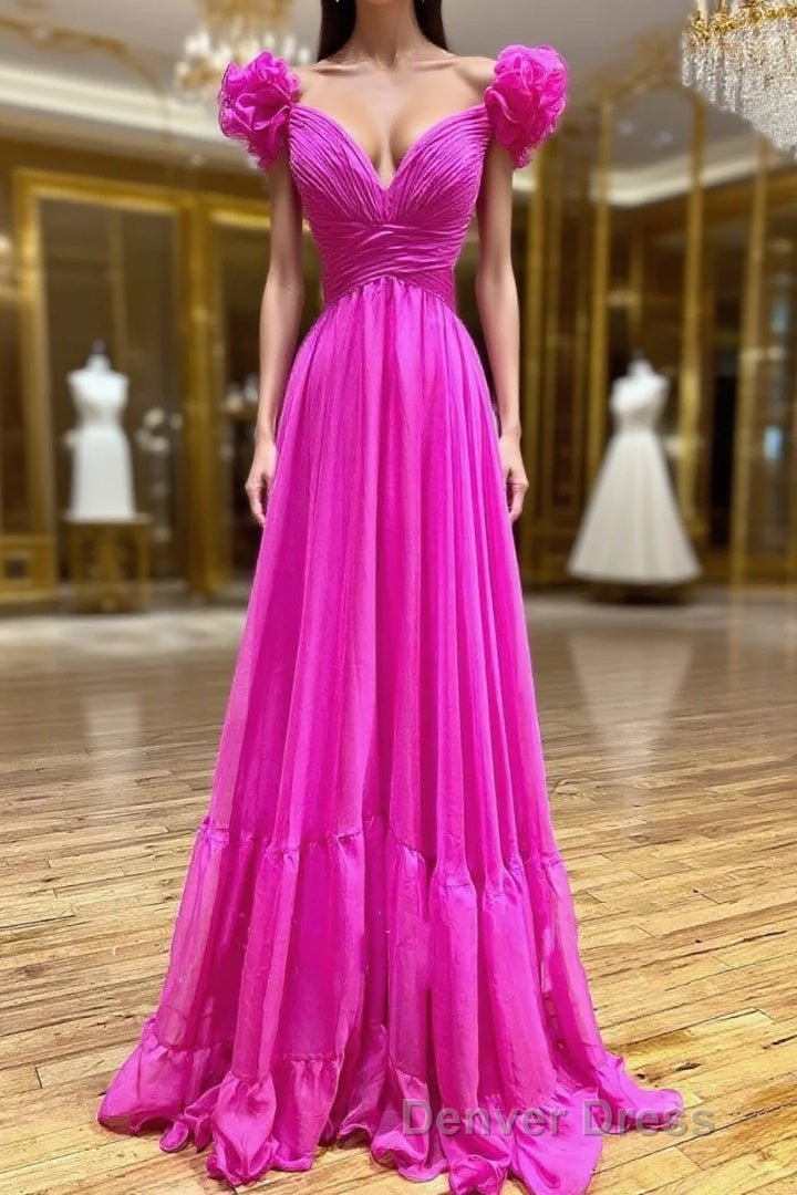 Lace-Up Fuchsia V-Neck Ruffle Pleated Long Prom Dresses Main image