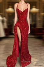 Red Sequins Prom Dresses with Slit Shiny Floor-Length Party Dresses