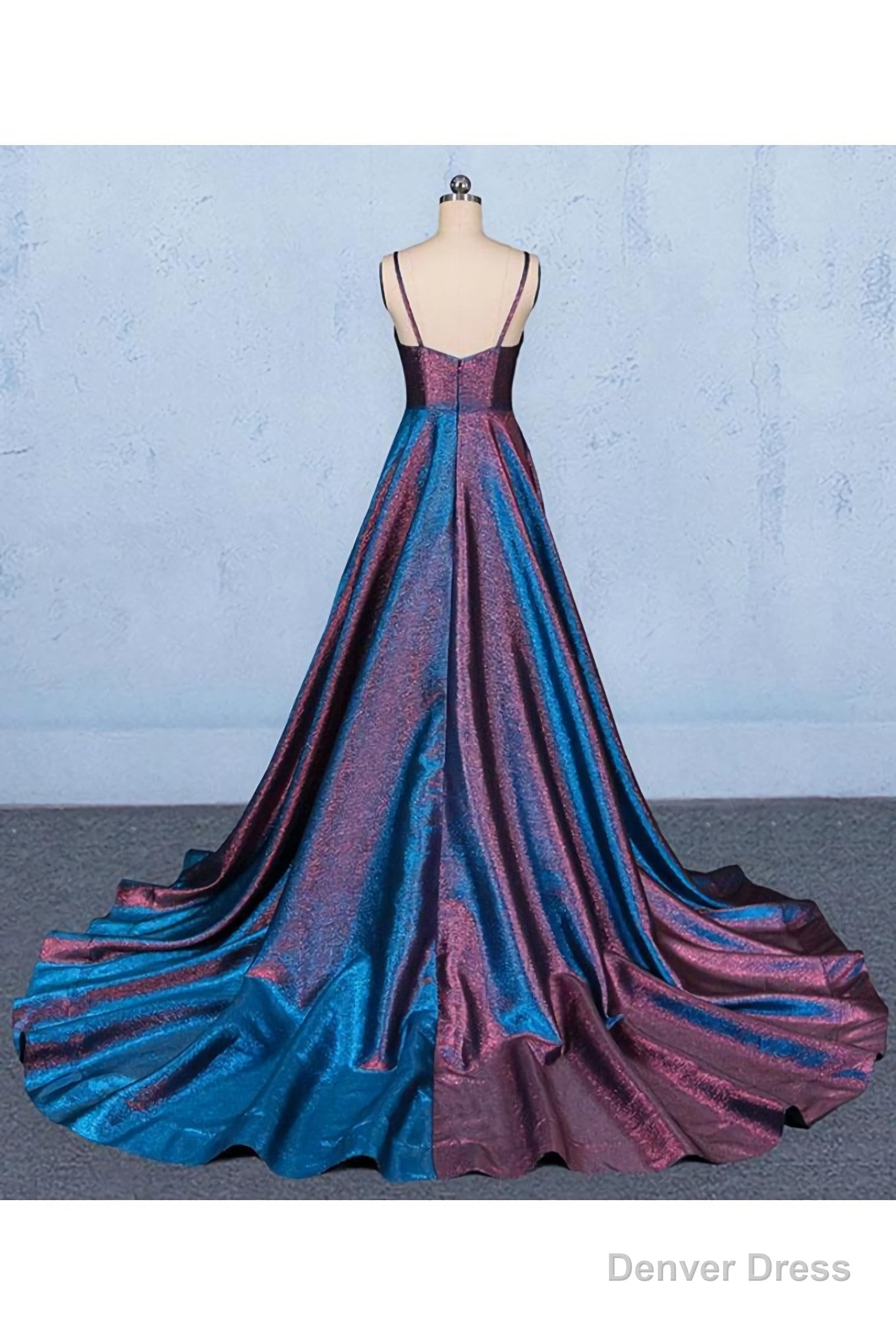 A Line V Neck Sleeveless Prom Dress, Spaghetti Straps Long Prom Dresses