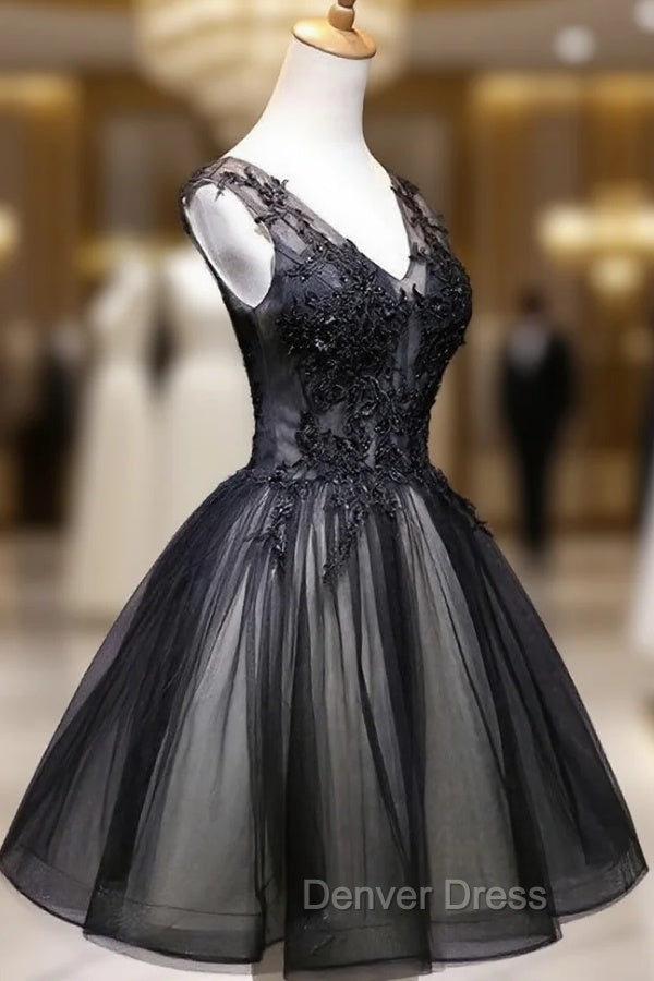 Adorable Black V Neckline Lace and Tulle Prom Dress, Short Prom Dresses Secondary image