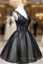 Adorable Black V Neckline Lace and Tulle Prom Dress, Short Prom Dresses