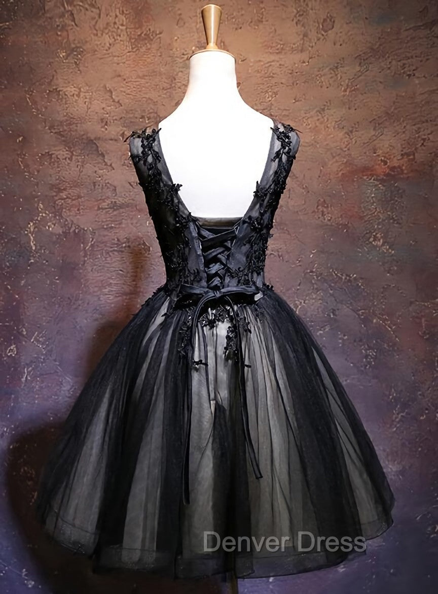 Adorable Black V Neckline Lace and Tulle Prom Dress, Short Prom Dresses