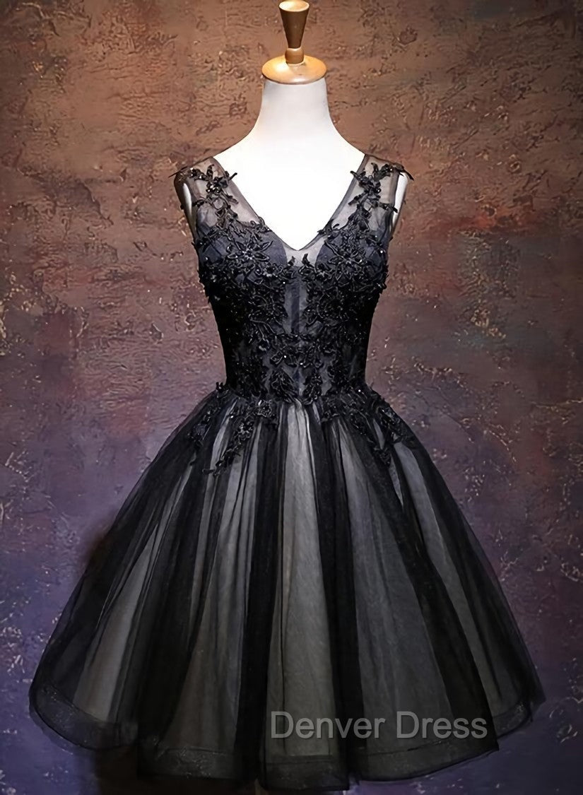 Adorable Black V Neckline Lace and Tulle Prom Dress, Short Prom Dresses Main image