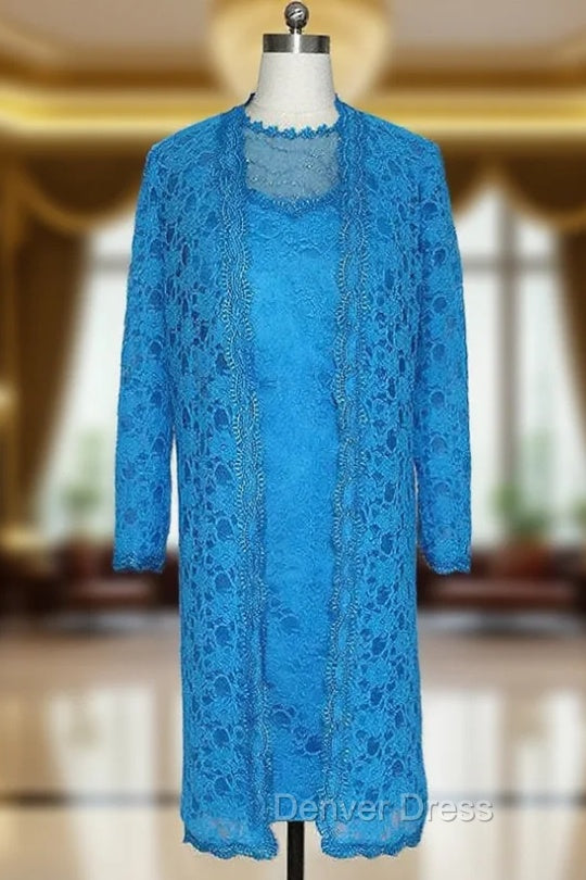 Adorable Blue Lace Knee Length Mother of the Bride Dresses Sheer with 3/4 Sleeves Long Jacket Main image