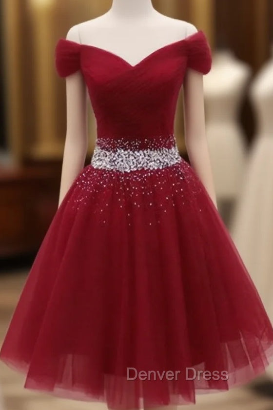 Adorable Dark Red Homecoming Dress , Tulle Off the Shoulder Prom Dresses Main image