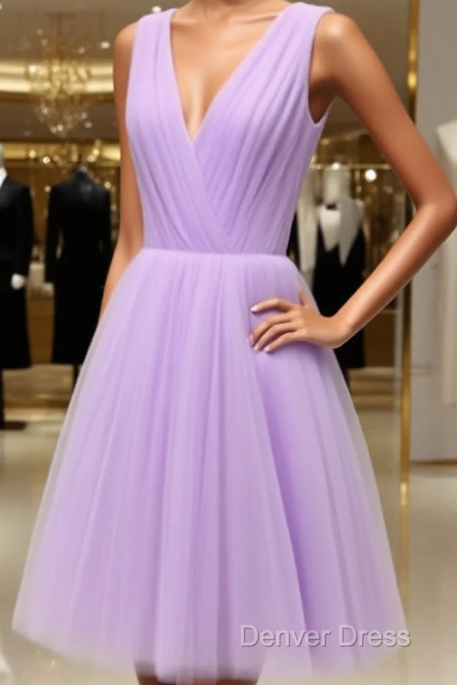 Adorable Lavender V-Neckline Short Tulle Prom Homecoming Dresses Main image