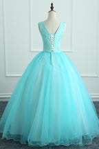 Adorable Light Blue Tulle with Flowers Floor Length Ball Gown Formal Dress, Blue Sweet 16 Dresses