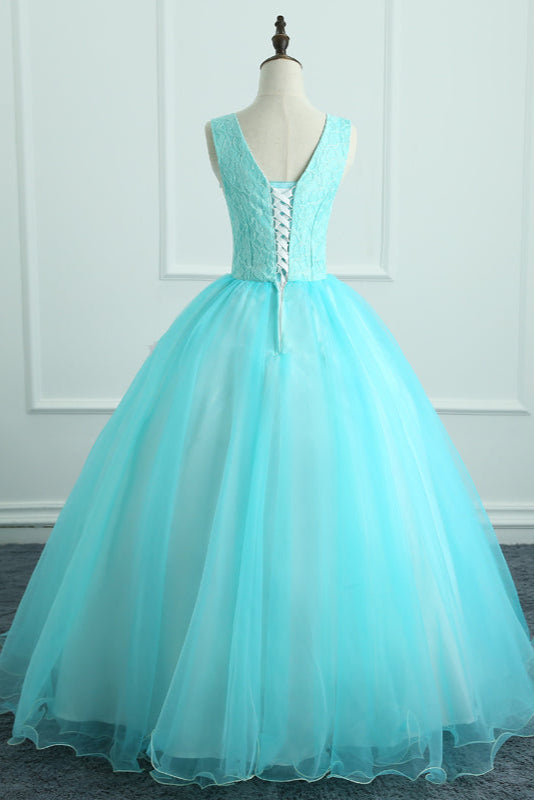 Adorable Light Blue Tulle with Flowers Floor Length Ball Gown Formal Dress, Blue Sweet 16 Dresses