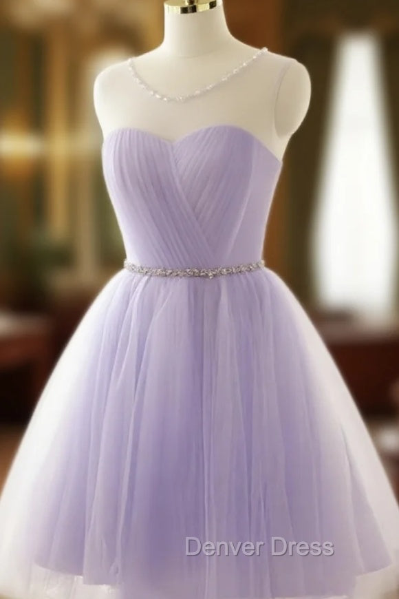 Adorable Light Purple Round Neckline Beaded Short Prom Dresses, Cute Homecoming Dresses Main image