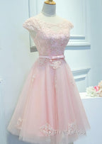 Adorable Pink Knee Length Prom Dress, Lace Applique Cute Homecoming Dresses