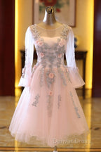 Adorable Pink Tulle Knee Length Long Sleeves Prom Dress, Pink Homecoming Dresses
